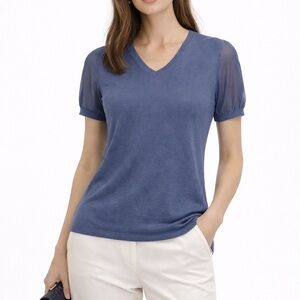 Giorgio Armani Main Line Blue Knit Top with Sheer Short Sleeves, Size 6